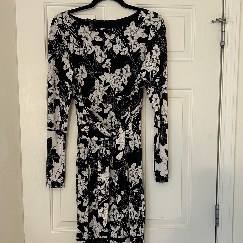 INC International Concepts Black and White Floral Long-Sleeve Wrap Dress